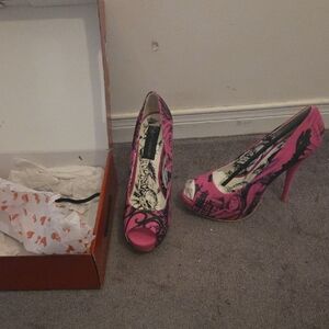Iron Fist Hot Pink Graphic Peep-Toe Stilettos